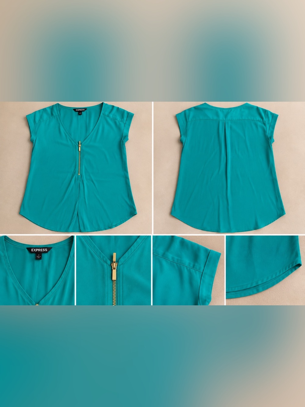 Express Teal Short-Sleeve Zip V-Neck Blouse